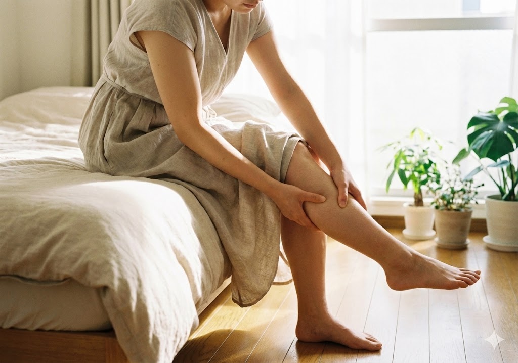 女子按摩小腿緩解水腫,解析消水腫飲品建議與穴位舒緩方法。