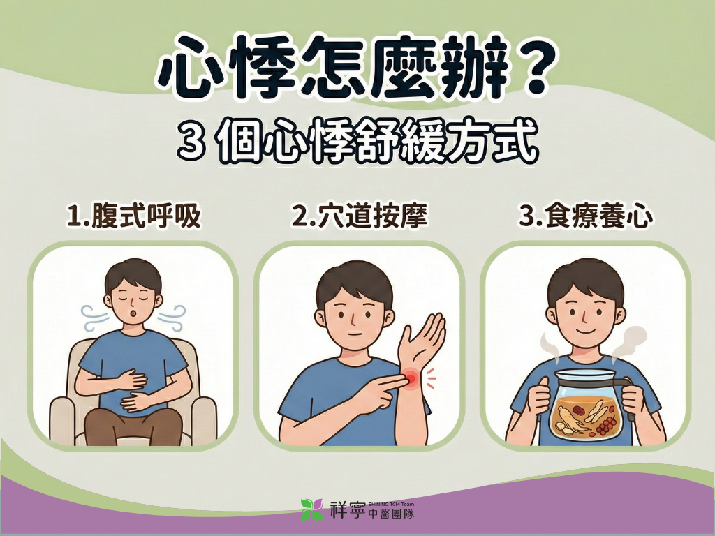 民眾採取坐姿進行深層腹式呼吸，透過規律節奏輔助平穩心律並緩解心悸。針對手部穴位按摩並配合漢方食療茶飲，提供中醫調理體質與改善心悸的方案。