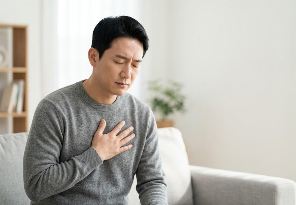 民眾因心悸感到不適而手按胸口，閉上雙眼嘗試調節呼吸以減緩突發的心慌感。