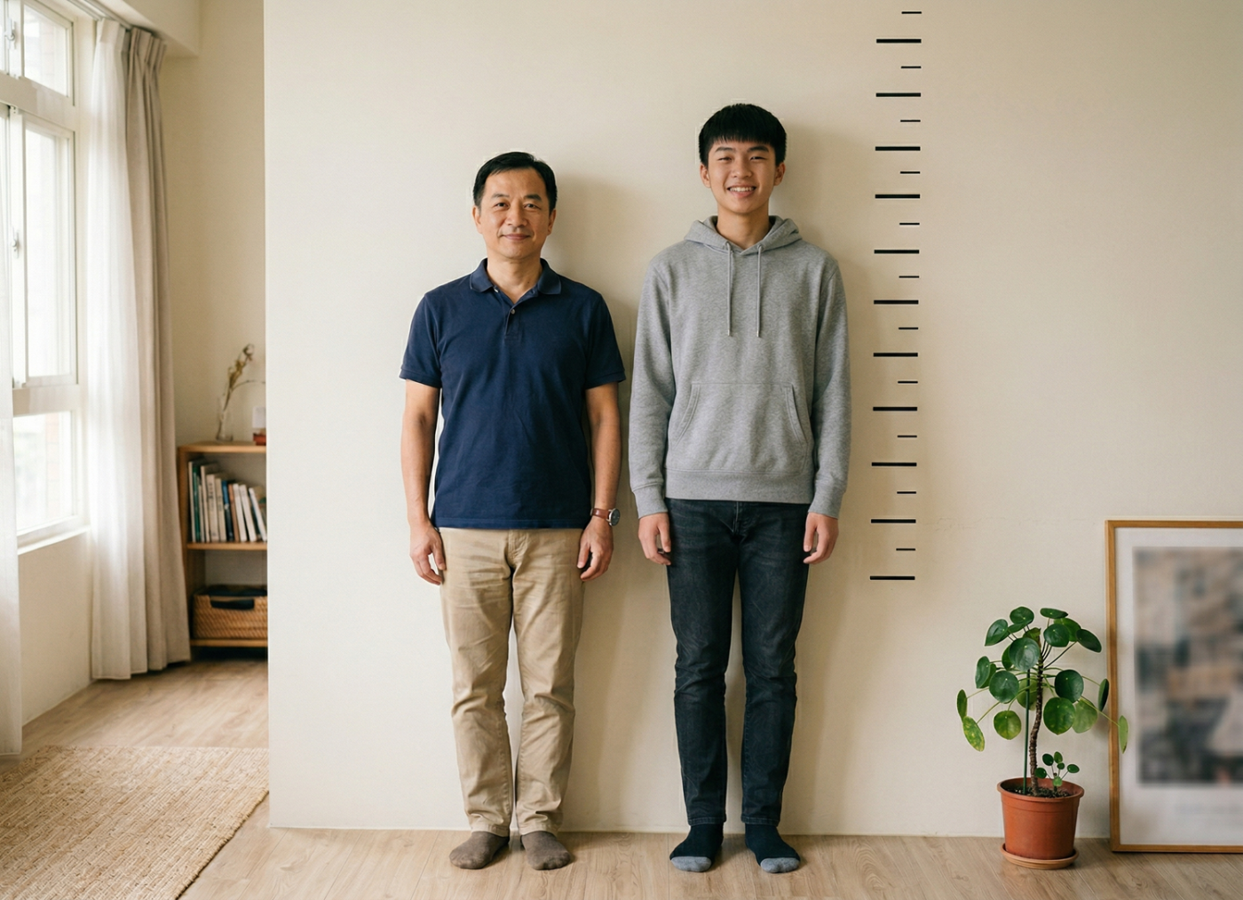站在刻度牆前對比,兒子的身高超越父親,探討生長板與長高機會