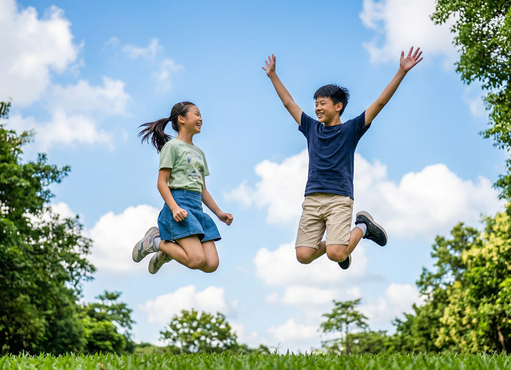 孩童在綠地歡樂跳躍展現活力，掌握轉大人發育黃金期與成長關鍵。