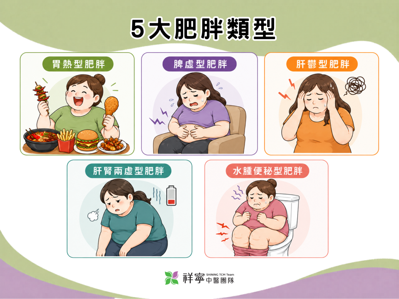 中藥減肥肥胖類型說明圖,整理胃熱型、脾虛型、肝鬱型、水腫便秘型等體質差異。