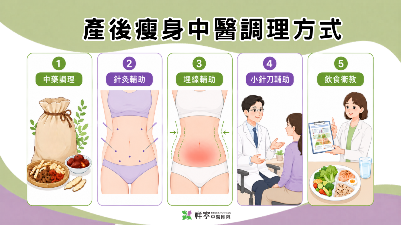 產後瘦身中醫調理方式說明圖，整理中藥、針灸、埋線、小針刀與飲食衛教等輔助方向。