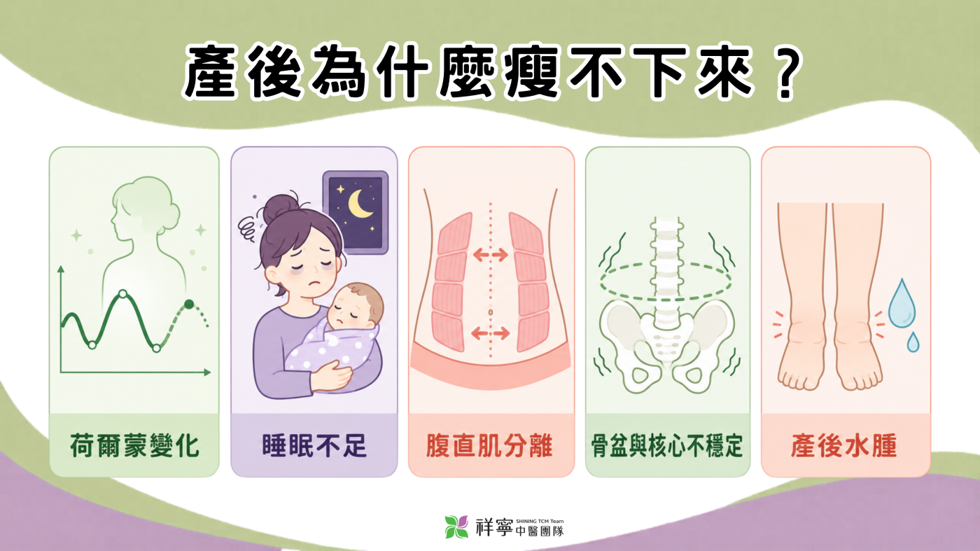 產後瘦不下來原因說明圖，整理荷爾蒙變化、睡眠不足、腹直肌分離與產後水腫等因素。