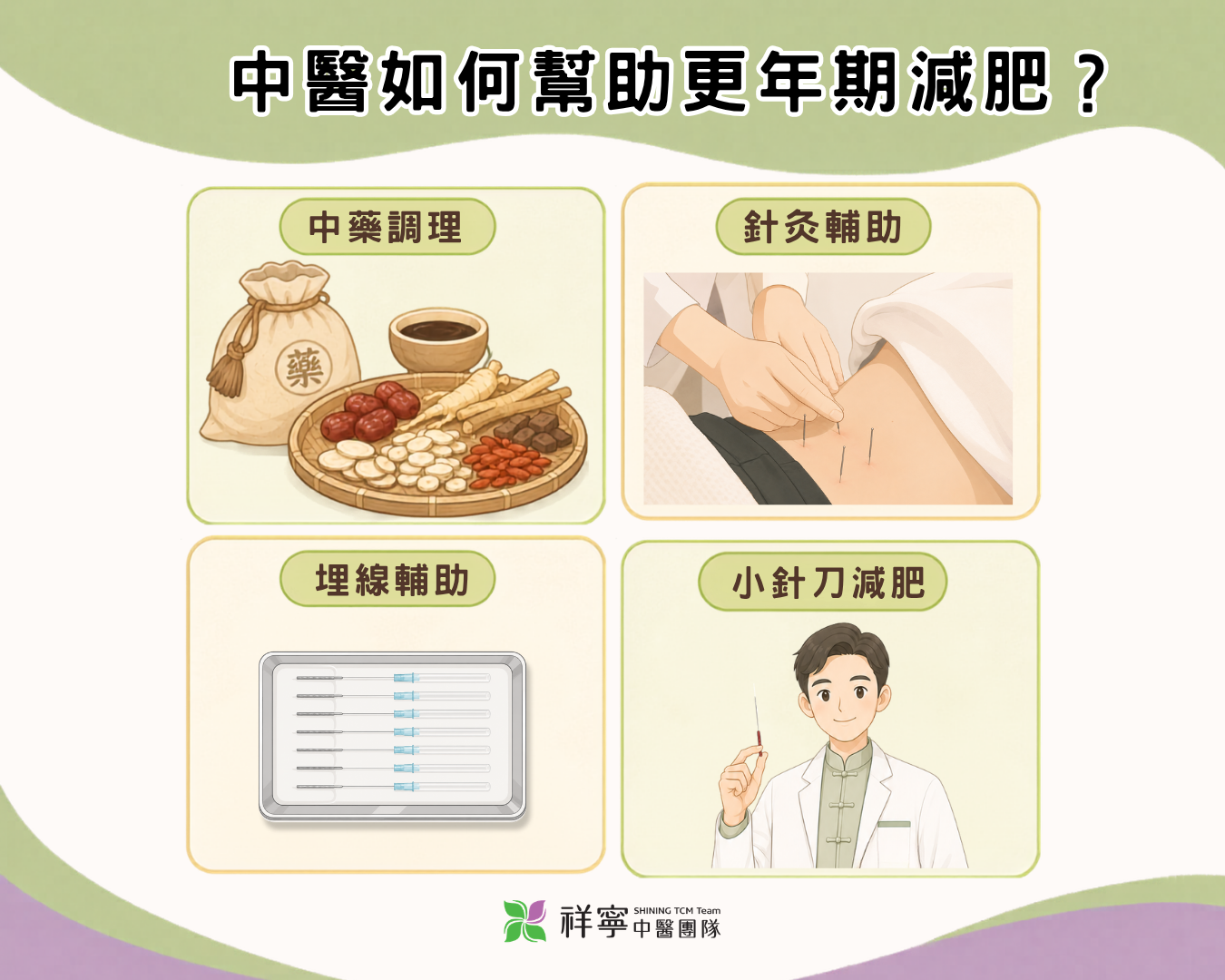 中醫輔助更年期減肥說明圖，整理中藥調理、針灸、埋線與小針刀等調理方式。